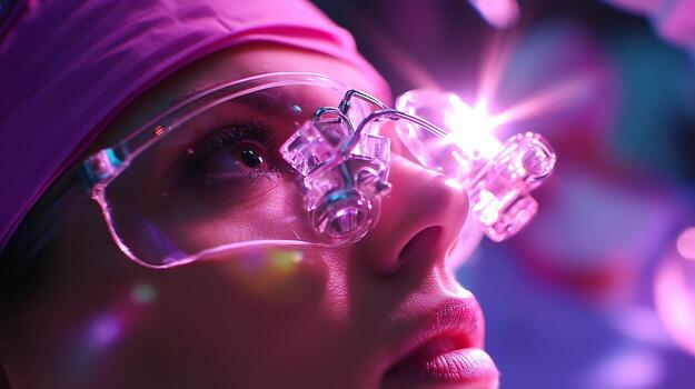 Surgeon using magnifying goggles during a complex surgical procedure in a modern operating room in the evening hours photo
