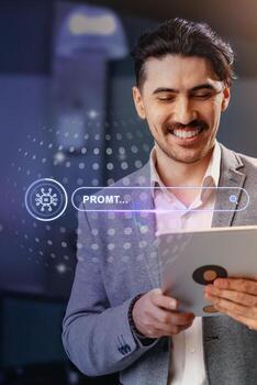 Man in suit smiling while using tablet in a modern office environment during daytime as he searches for information photo
