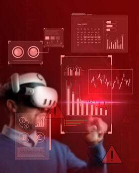Person engages with virtual reality technology to analyze financial data and trends in a digital environment filled with informative displays photo