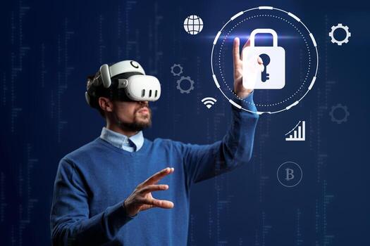 virtual realidad usuario interactúa con digital seguridad interfaz en un alta tecnología ambiente foto