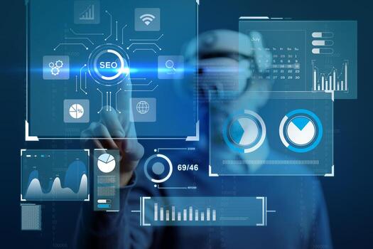 Professional analyzing SEO data in a digital workspace using virtual reality technology photo