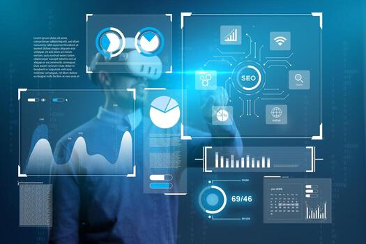 Virtual reality user interacts with data analytics and digital marketing graphics in futuristic setting photo