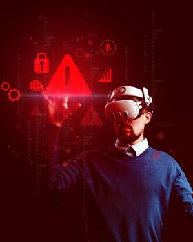 Man interacting with virtual reality display showing warning icons and data in a dark environment during a technology demonstration photo