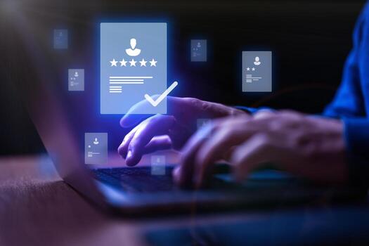 User engaging with digital documents on a laptop with glowing icons in a modern workspace environment photo