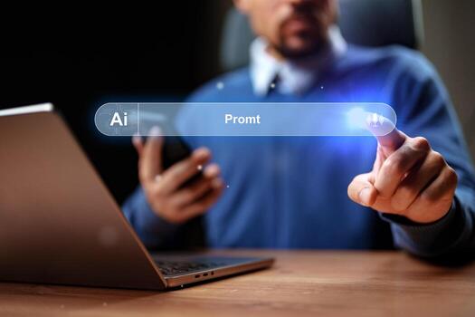 Individual engages with artificial intelligence interface while using a laptop and smartphone in a modern workspace photo
