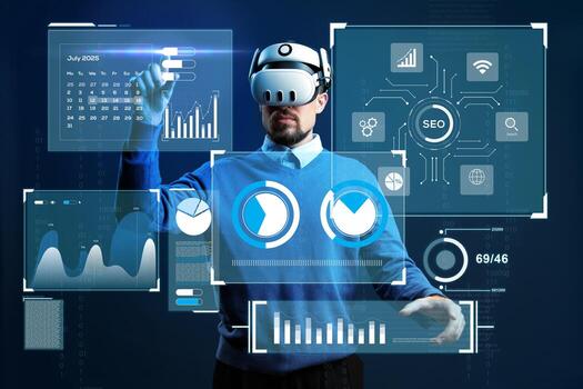 Virtual reality user interacts with immersive data visualizations in modern office setting during July 2025 photo