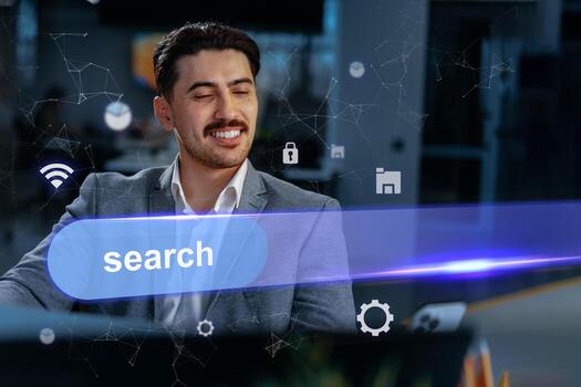 profesional hombre atractivo con digital interfaz mientras buscando para información en moderno oficina ajuste foto