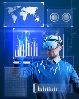 Man engages with virtual data in futuristic office showcasing graphs and world map in virtual reality technology photo