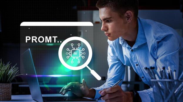 Young professional exploring artificial intelligence software while working in a modern office photo