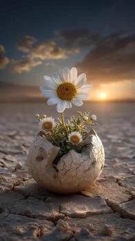 a flower in a cracked egg with a sunset in the background photo