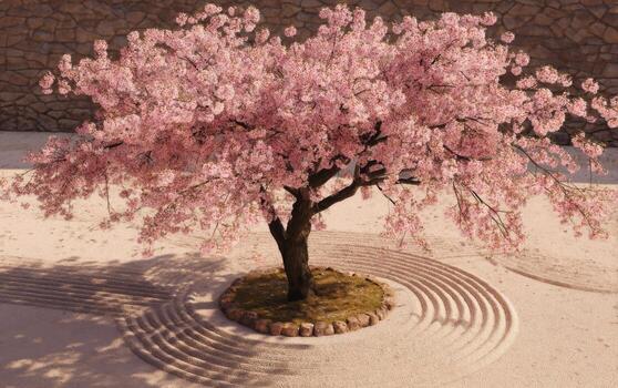 Serene Cherry Blossom Tree Surrounded by Sand Patterns in Tranquil Zen Garden Setting During Daylight photo