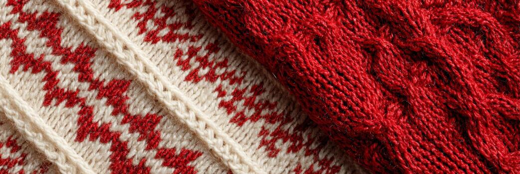 Cozy Close-Up of Hand-Knit Patterns in Red and Cream Textiles with Intricate Details and Warm Textures photo