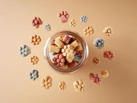 Assorted Colorful Pet Treats in a Glass Jar Surrounded by Fun Shaped Snacks on a Soft Background photo