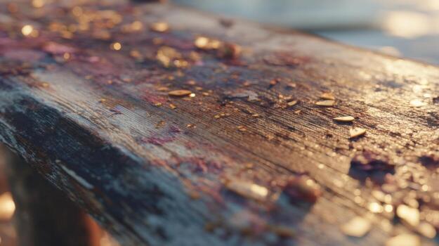 Textured Wooden Surface with Colorful Debris and Glowing Light Reflections at Sunset Time, Captured in Soft Focus photo