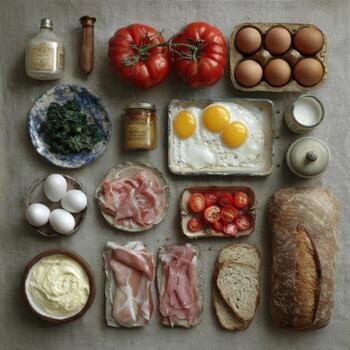 Fresco ingredientes y sencillo platos para un rústico desayuno comida arreglo con huevos, Tomates, y un pan foto
