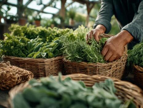 Hands Gently Selecting Freshly Harvested Herbs from Natural Baskets in a Vibrant Greenhouse Setting for Culinary Use photo