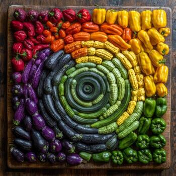 Vibrant Arrangement of Colorful Fresh Vegetables in a Circular Pattern on a Rustic Wooden Surface photo