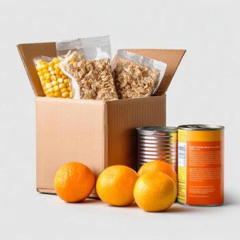 Cardboard Box Containing Breakfast Cereal, Corn, Canned Food and Fresh Oranges on a Neutral Background photo