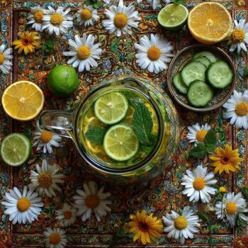 refrescante agrios bebida con limón, Lima, naranja, y Fresco menta en floral estampado antecedentes foto