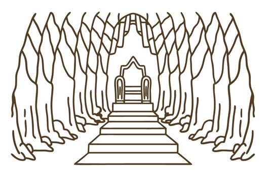 Mystical throne room with arched tree columns and ornate steps fantasy line art royal hall architecture illustration vector