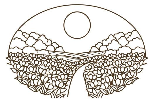 Sun over blooming tulip field with winding path, linear landscape drawing for coloring or design vector