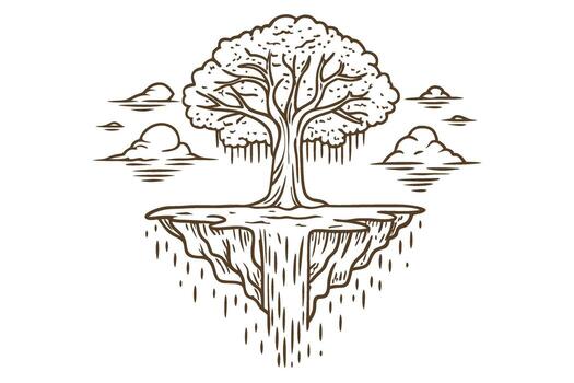 Majestic tree with widespread roots on floating island surreal fantasy landscape, isolated nature scene, cascade elements vector