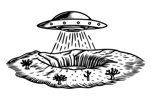 Ufo hovering above desert crater with light beam alien spaceship encounter, mysterious extraterrestrial landscape vector