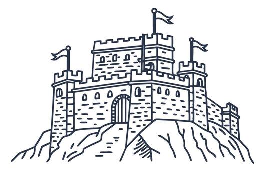 Medieval castle fortress on hilltop with towers and flags stronghold architecture, security and defense concept vector