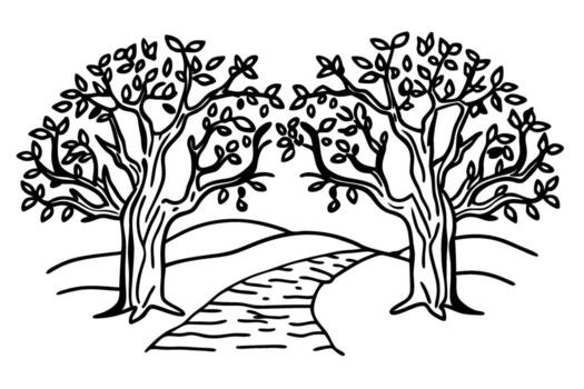Two stylized trees with spreading branches along a winding path in a hilly landscape, black and white illustration vector