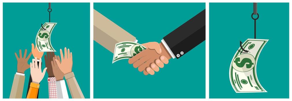 Hands reaching for money and handshake vector