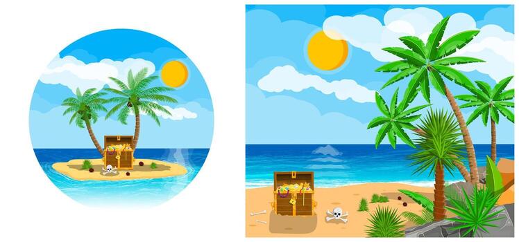 palma árbol isla con tesoro cofre y cráneo vector
