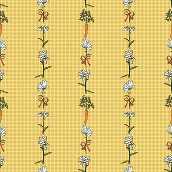 Zanahoria cosecha festival recopilación. vertical Zanahoria y margarita rayas modelo en un repitiendo vertical composición en un amarillo tartán guingán antecedentes. vector