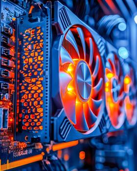 Close-up of high-performance graphics cards with illuminated fans for gaming or computer hardware enthusiast setup photo