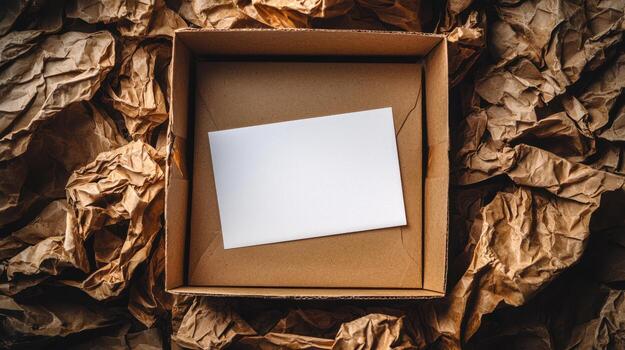 An empty cardboard box with a blank white card inside, surrounded by crumpled brown paper on a rustic background photo