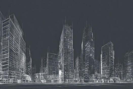 Futuristic cityscape with illuminated skyscrapers in a digital wireframe style photo