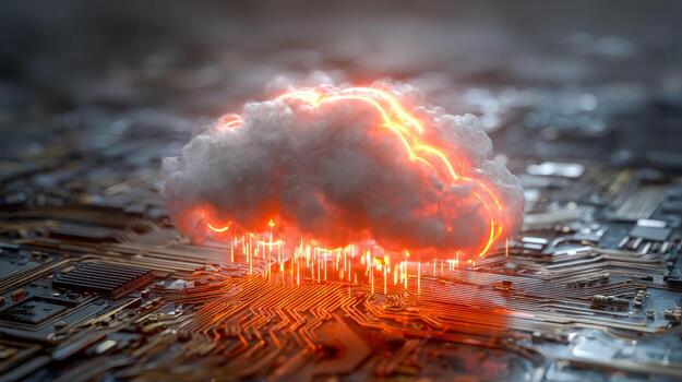 Digital cloud with lightning and fire over a circuit board, representing cloud technology and cyber attack risk photo