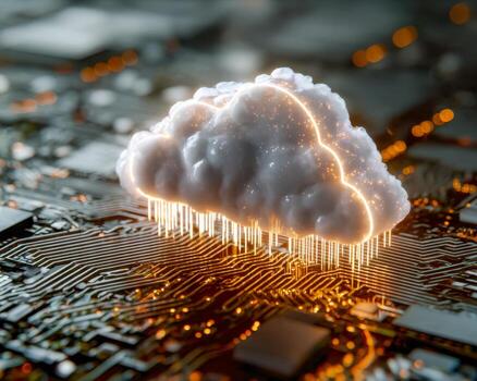 Digital cloud computing concept with a glowing cloud icon over a microchip background photo
