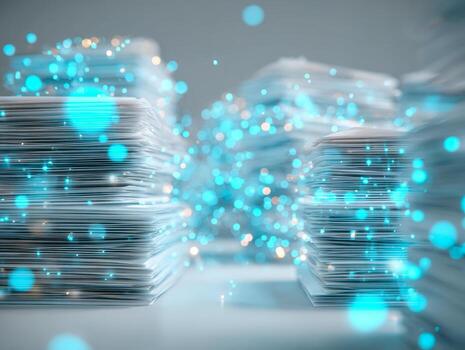 Abstract digital workspace with large stacks of papers illuminated by vibrant blue light particles, symbolizing data processing and information flow in a high-tech environment photo