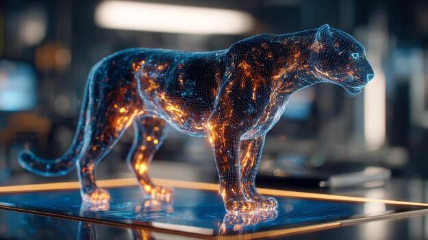 Digital holographic representation of a big cat with glowing circuits and intricate mesh design standing on a futuristic interface in a high-tech environment photo