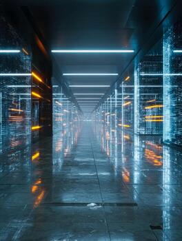 Futuristic data center with illuminated server racks and sleek design photo