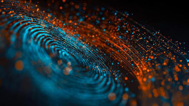 Digital data visualization with glowing blue and orange particles on dark background photo