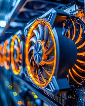 Close-up of high-performance gaming computer graphics card with illuminated fans photo