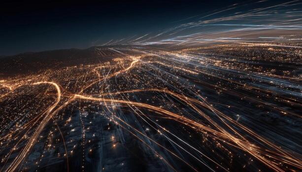 Aerial night view of a city with dynamic light trails illustrating fast-moving traffic and illuminated streets photo