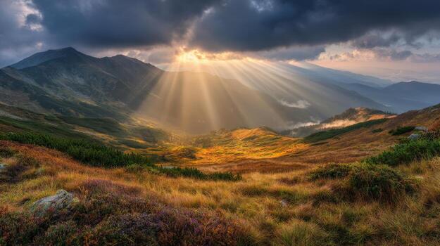 Stunning mountain landscape with sun rays breaking through dark clouds over colorful valleys photo