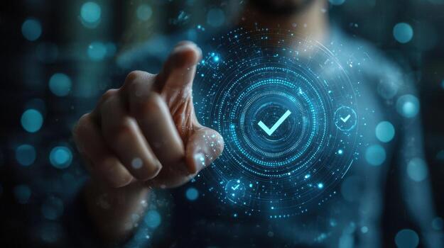 digital verificación y seguro marca de verificación procedimiento en un futurista tecnología interfaz foto