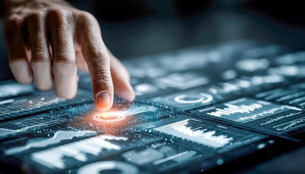 Human hand interacting with a futuristic digital touchscreen interface with data graphs and holographic elements photo