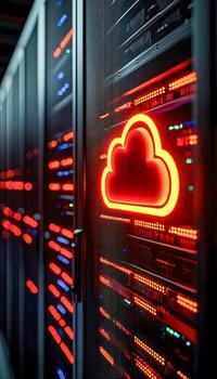 Modern data center with illuminated cloud storage icon and colorful server lights photo