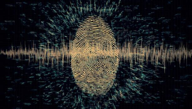 Digital fingerprint with data waves and code around it photo