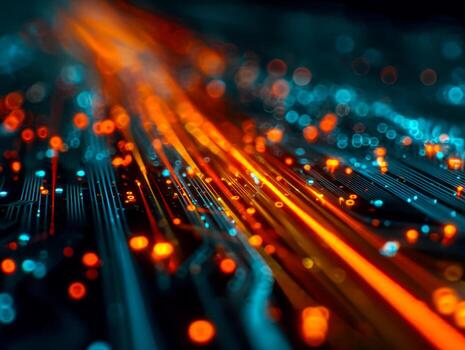 Digital data stream with vibrant glowing lines and particles representing advanced technology photo
