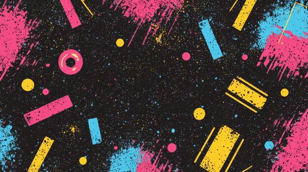 Vibrant splatter and geometric shapes on black background, colorful abstract art, dynamic graffiti style, energetic design, celebration theme photo